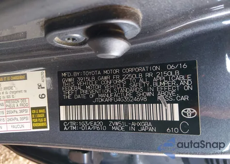 2016 Toyota Prius Four z USA, uszkodzony, nr VIN JTDKARFU4G3524698